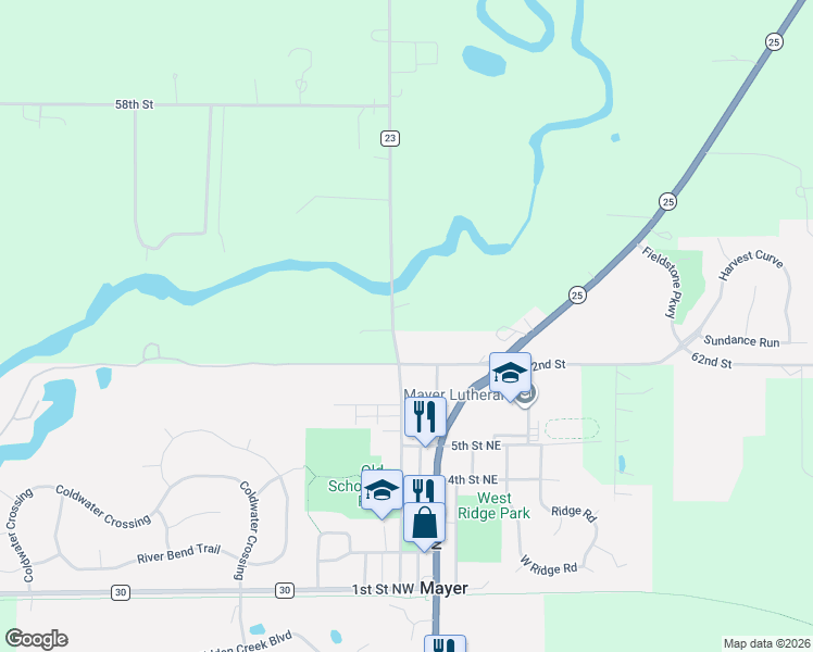 map of restaurants, bars, coffee shops, grocery stores, and more near 6135 County Road 23 in Mayer