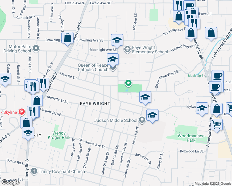 map of restaurants, bars, coffee shops, grocery stores, and more near 377 Idylwood Drive Southeast in Salem