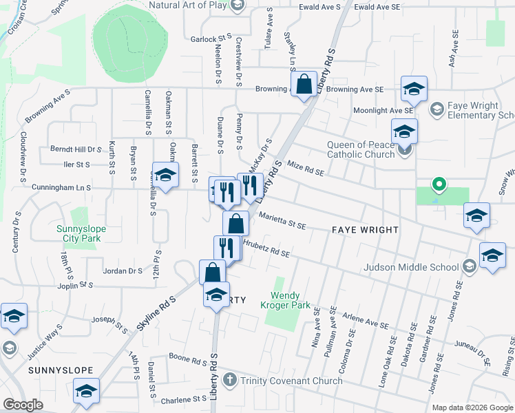 map of restaurants, bars, coffee shops, grocery stores, and more near 4520 Liberty Road South in Salem