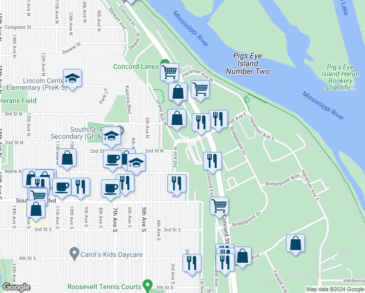 map of restaurants, bars, coffee shops, grocery stores, and more near 221 Grand Avenue West in South Saint Paul