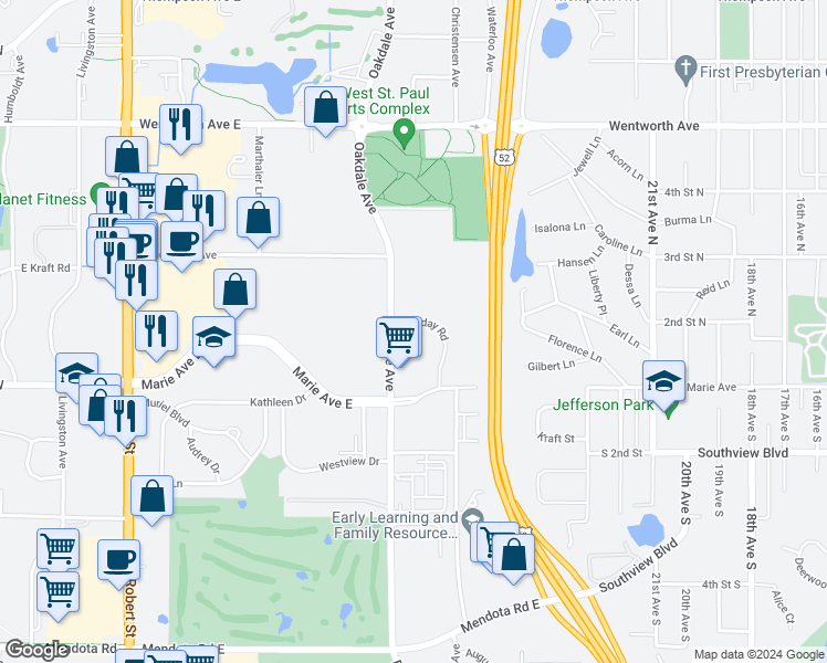 map of restaurants, bars, coffee shops, grocery stores, and more near 1812 Oakdale Avenue in Saint Paul