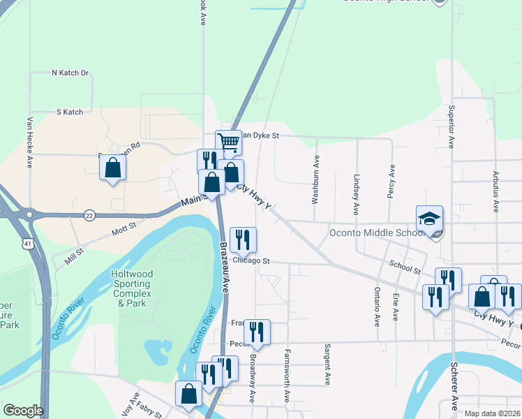 map of restaurants, bars, coffee shops, grocery stores, and more near 310 Main Street in Oconto