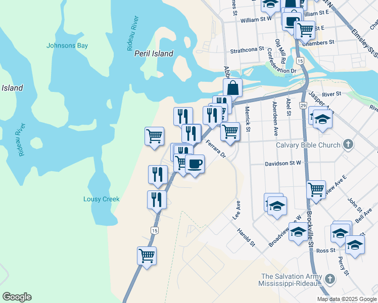 map of restaurants, bars, coffee shops, grocery stores, and more near 111 Lombard Street in Smiths Falls