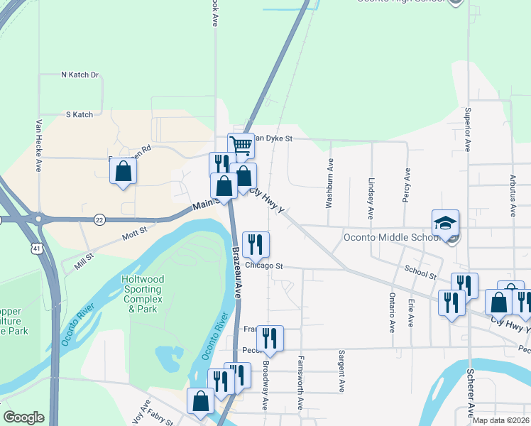 map of restaurants, bars, coffee shops, grocery stores, and more near 310 Main Street in Oconto