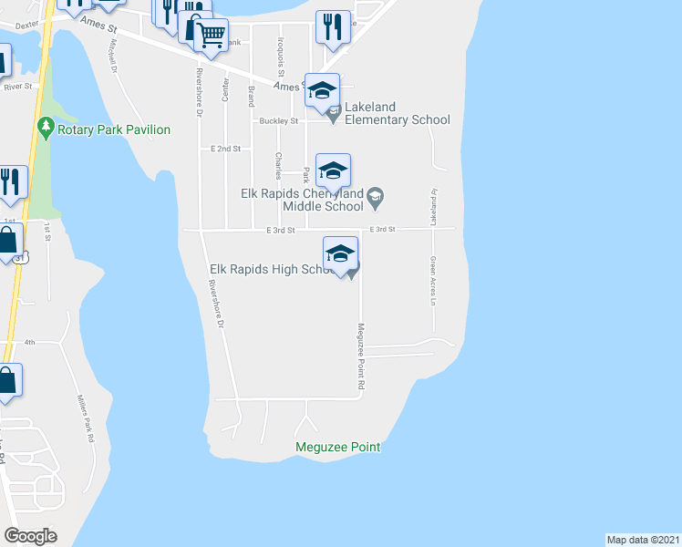 map of restaurants, bars, coffee shops, grocery stores, and more near 308 Meguzee Point Road in Elk Rapids