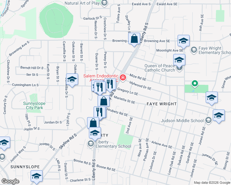 map of restaurants, bars, coffee shops, grocery stores, and more near 4520 Liberty Road South in Salem