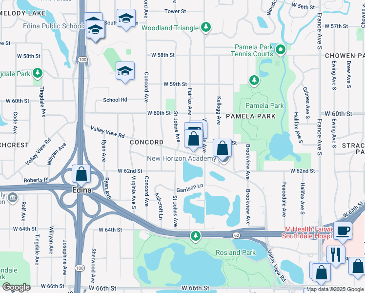map of restaurants, bars, coffee shops, grocery stores, and more near 4516 Valley View Road in Minneapolis