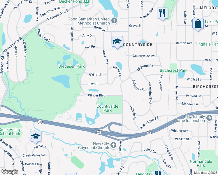 map of restaurants, bars, coffee shops, grocery stores, and more near 5710 Olinger Boulevard in Minneapolis