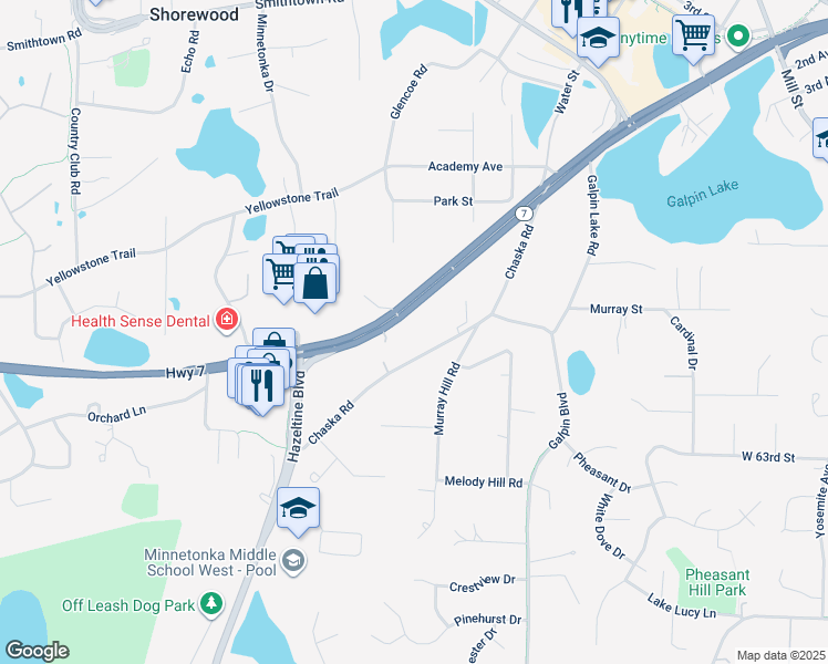 map of restaurants, bars, coffee shops, grocery stores, and more near 6142 Chaska Road in Shorewood