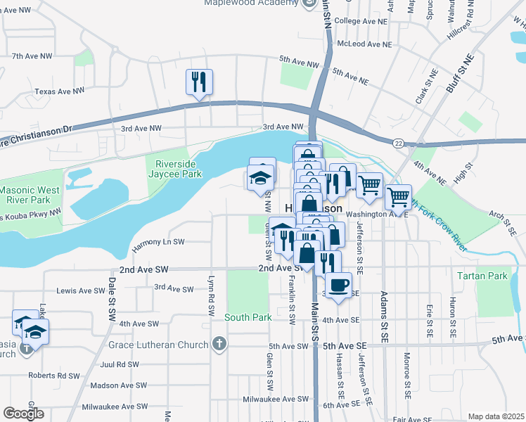 map of restaurants, bars, coffee shops, grocery stores, and more near 225 Washington Avenue West in Hutchinson