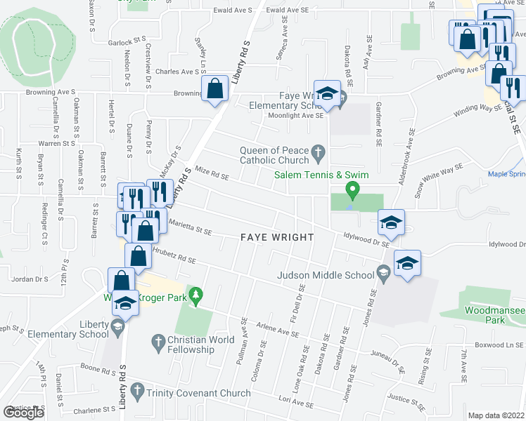 map of restaurants, bars, coffee shops, grocery stores, and more near 260 Idylwood Drive Southeast in Salem
