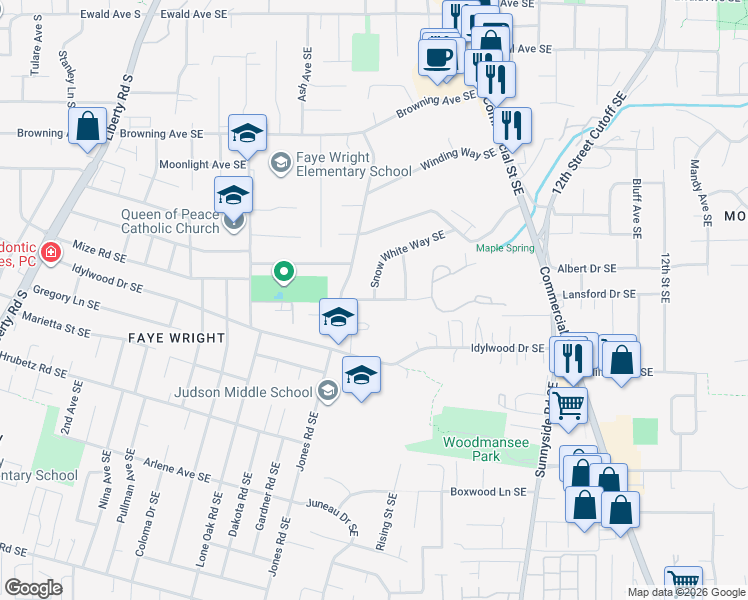 map of restaurants, bars, coffee shops, grocery stores, and more near Stagecoach Way Southeast in Salem