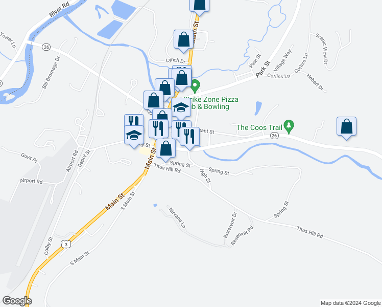 map of restaurants, bars, coffee shops, grocery stores, and more near 27 Spring Street in Colebrook