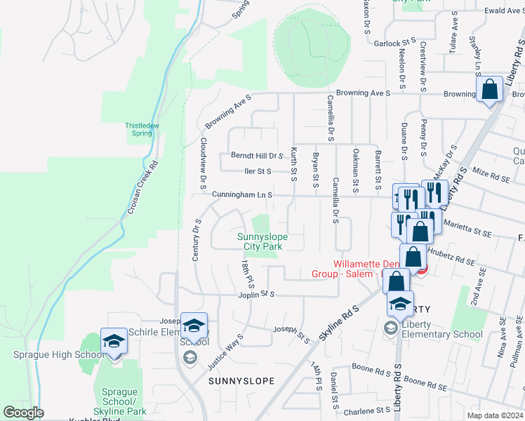 map of restaurants, bars, coffee shops, grocery stores, and more near 4437 High Ridge Court South in Salem
