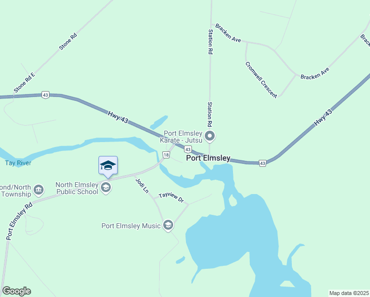 map of restaurants, bars, coffee shops, grocery stores, and more near 4905 Lanark County Road 43 in Perth