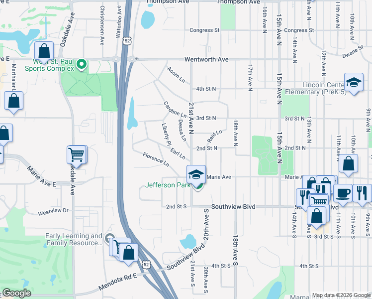 map of restaurants, bars, coffee shops, grocery stores, and more near 144 21st Avenue North in South Saint Paul