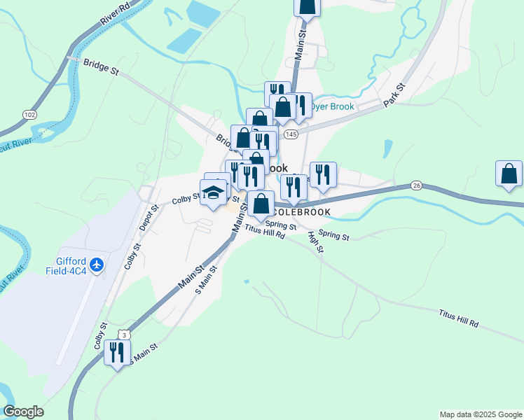 map of restaurants, bars, coffee shops, grocery stores, and more near 10 Spring Street in Colebrook