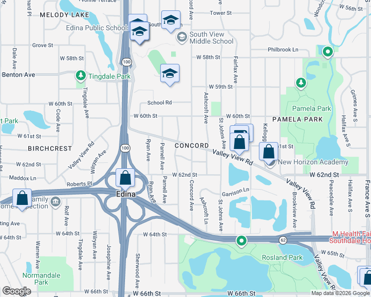 map of restaurants, bars, coffee shops, grocery stores, and more near 4704 Virginia Lane in Edina