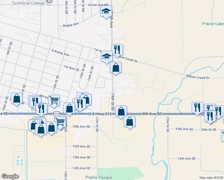 map of restaurants, bars, coffee shops, grocery stores, and more near 217 19th Street Southeast in Watertown