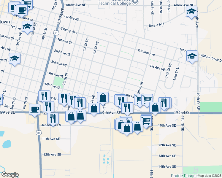 map of restaurants, bars, coffee shops, grocery stores, and more near 1030 4th Avenue Southeast in Watertown