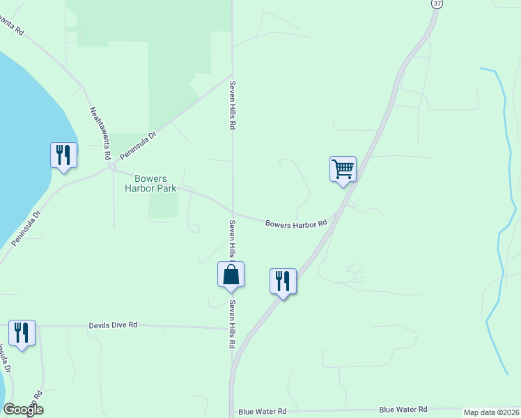 map of restaurants, bars, coffee shops, grocery stores, and more near 3075 Bowers Harbor Road in Traverse City