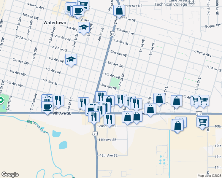 map of restaurants, bars, coffee shops, grocery stores, and more near 500 6th Street Southeast in Watertown
