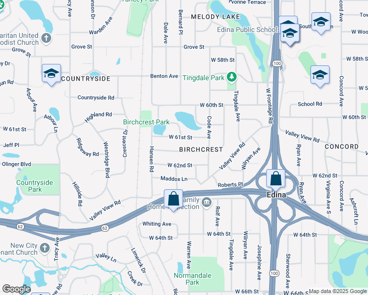 map of restaurants, bars, coffee shops, grocery stores, and more near 5301 Birchcrest Drive in Edina