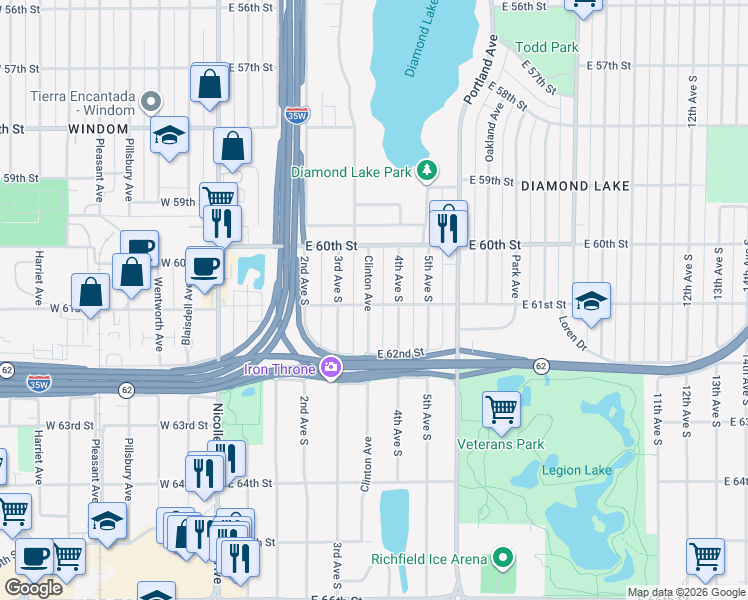 map of restaurants, bars, coffee shops, grocery stores, and more near 6113 Clinton Avenue in Minneapolis