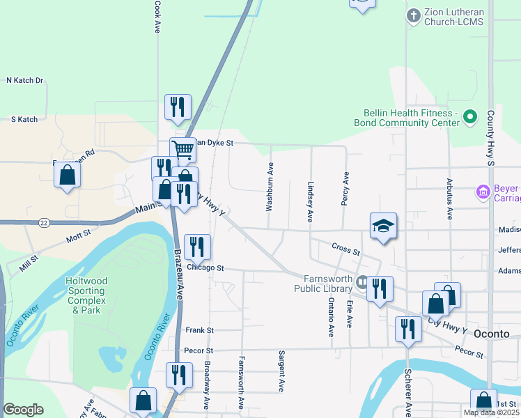 map of restaurants, bars, coffee shops, grocery stores, and more near 121 Madison Street in Oconto