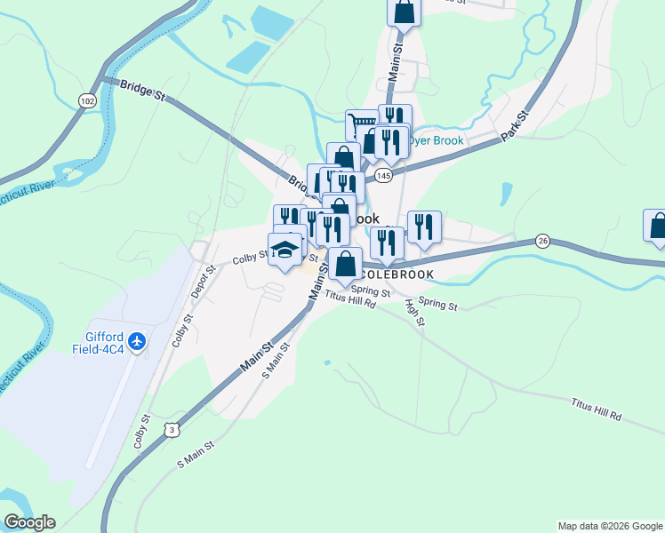 map of restaurants, bars, coffee shops, grocery stores, and more near 98 Main Street in Colebrook