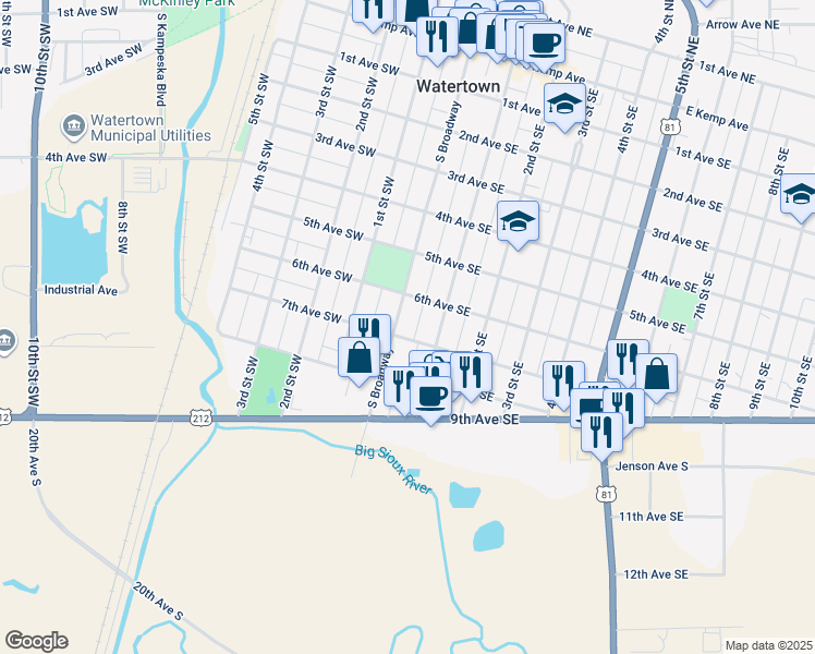 map of restaurants, bars, coffee shops, grocery stores, and more near 3 8th Avenue Southeast in Watertown
