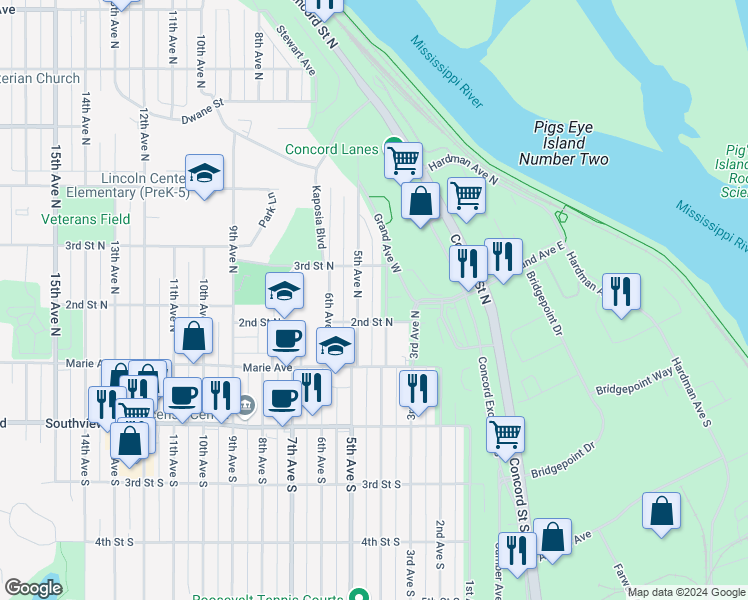 map of restaurants, bars, coffee shops, grocery stores, and more near 201 4th Avenue South in South Saint Paul