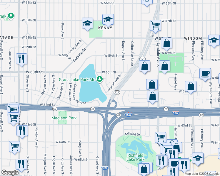 map of restaurants, bars, coffee shops, grocery stores, and more near 6137 1/2 Dupont Avenue South in Minneapolis