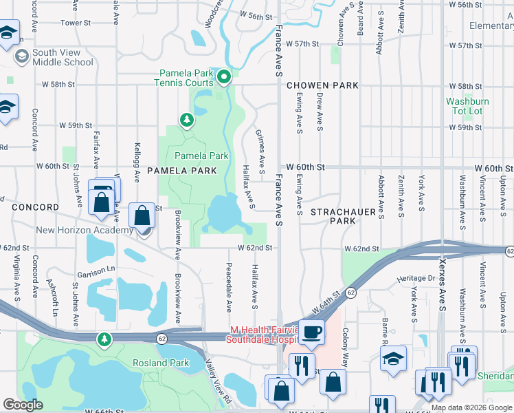 map of restaurants, bars, coffee shops, grocery stores, and more near 6109 Halifax Avenue South in Minneapolis