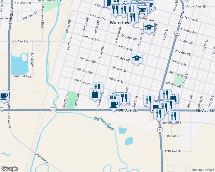 map of restaurants, bars, coffee shops, grocery stores, and more near 3 8th Avenue Southeast in Watertown