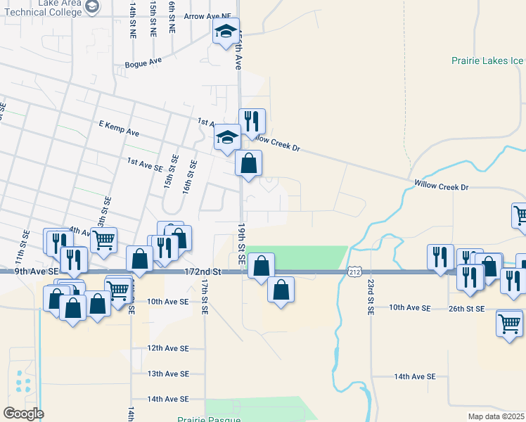 map of restaurants, bars, coffee shops, grocery stores, and more near 1947 2nd Avenue Southeast in Watertown