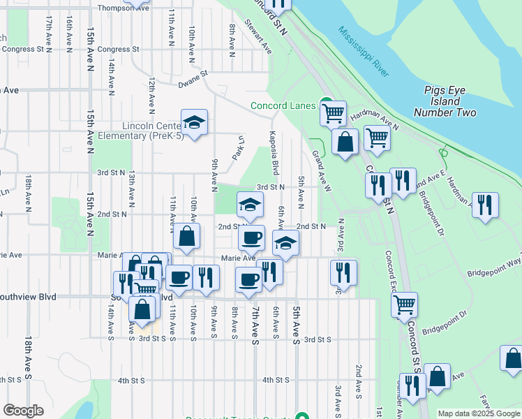 map of restaurants, bars, coffee shops, grocery stores, and more near 700 2nd Street North in South Saint Paul