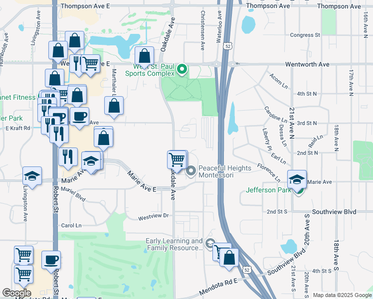 map of restaurants, bars, coffee shops, grocery stores, and more near 1746 Oakdale Avenue in West Saint Paul