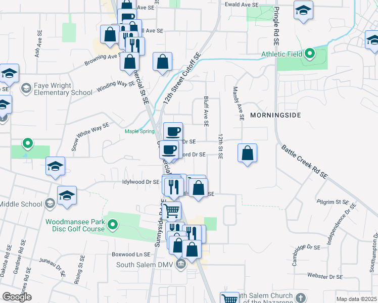 map of restaurants, bars, coffee shops, grocery stores, and more near 1075 Albert Drive Southeast in Salem