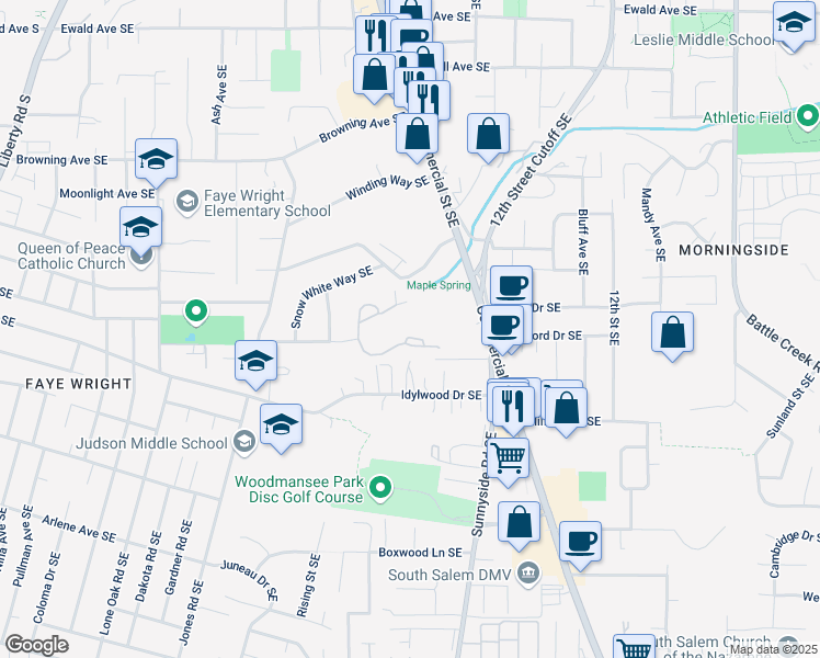 map of restaurants, bars, coffee shops, grocery stores, and more near 740 Lamplighter Circle Southeast in Salem