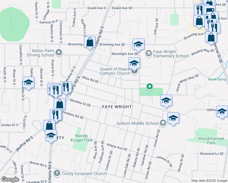 map of restaurants, bars, coffee shops, grocery stores, and more near 266 Mize Road South in Salem