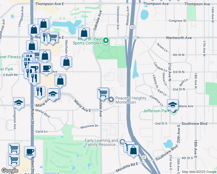 map of restaurants, bars, coffee shops, grocery stores, and more near 1746 Oakdale Avenue in West Saint Paul
