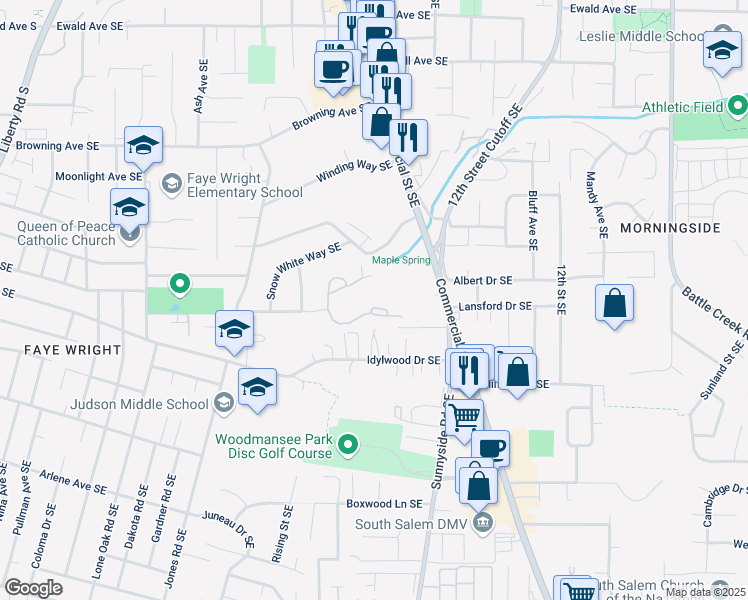 map of restaurants, bars, coffee shops, grocery stores, and more near 740 Lamplighter Circle Southeast in Salem