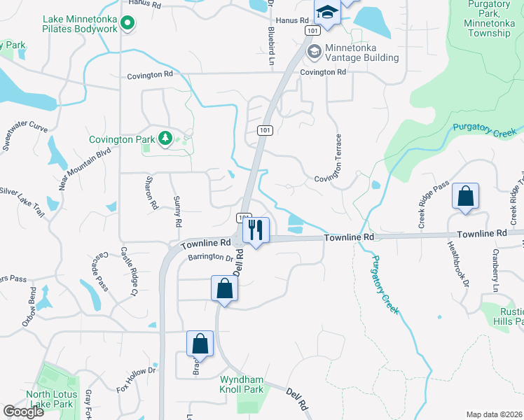 map of restaurants, bars, coffee shops, grocery stores, and more near 6110 Creek View Ridge in Minnetonka
