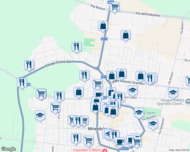 map of restaurants, bars, coffee shops, grocery stores, and more near Via dell'Orto in Mirandola