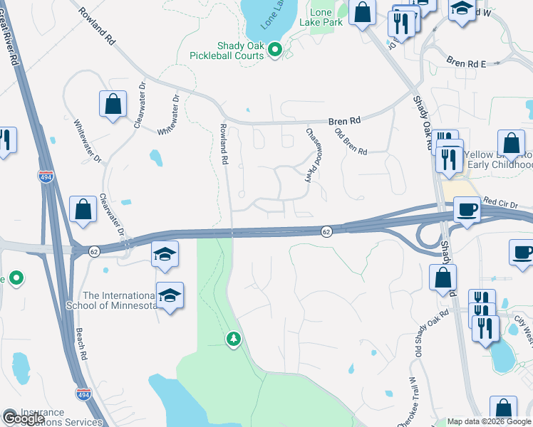 map of restaurants, bars, coffee shops, grocery stores, and more near 6155 Chasewood Parkway in Hopkins