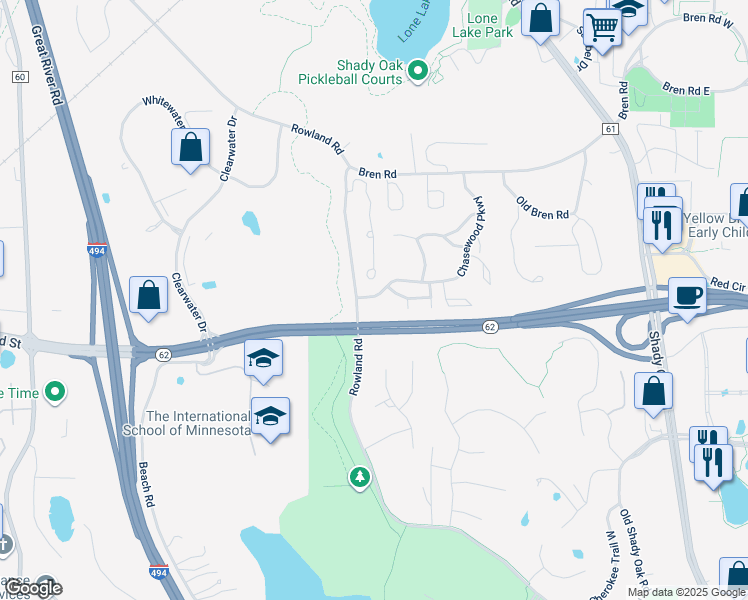 map of restaurants, bars, coffee shops, grocery stores, and more near 6177 Chasewood Parkway in Hopkins