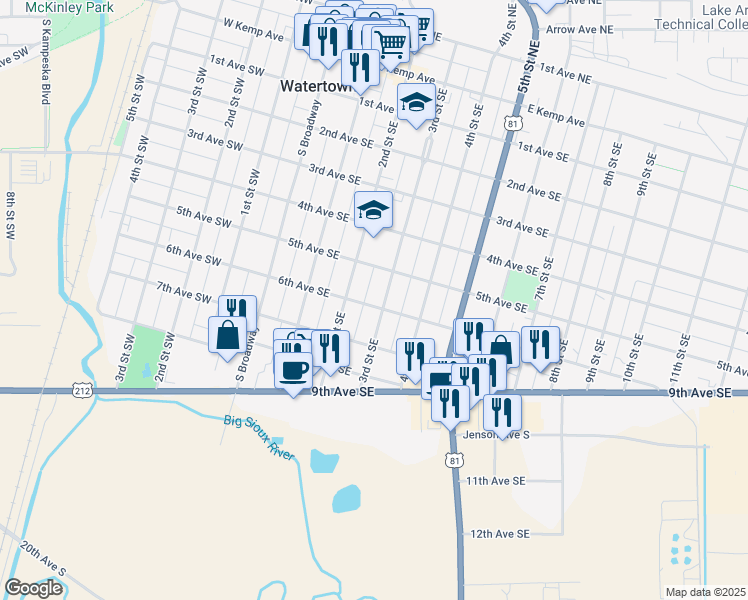 map of restaurants, bars, coffee shops, grocery stores, and more near 216 5th Avenue Southeast in Watertown