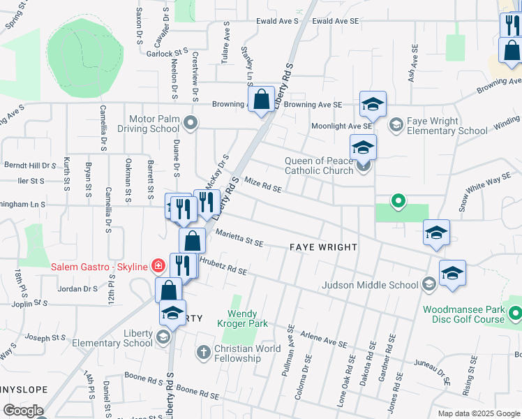 map of restaurants, bars, coffee shops, grocery stores, and more near 4360 Esther Avenue Southeast in Salem