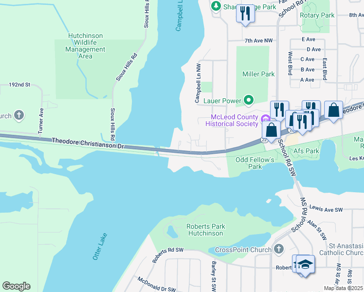 map of restaurants, bars, coffee shops, grocery stores, and more near 130 Illinois Street Northwest in Hutchinson